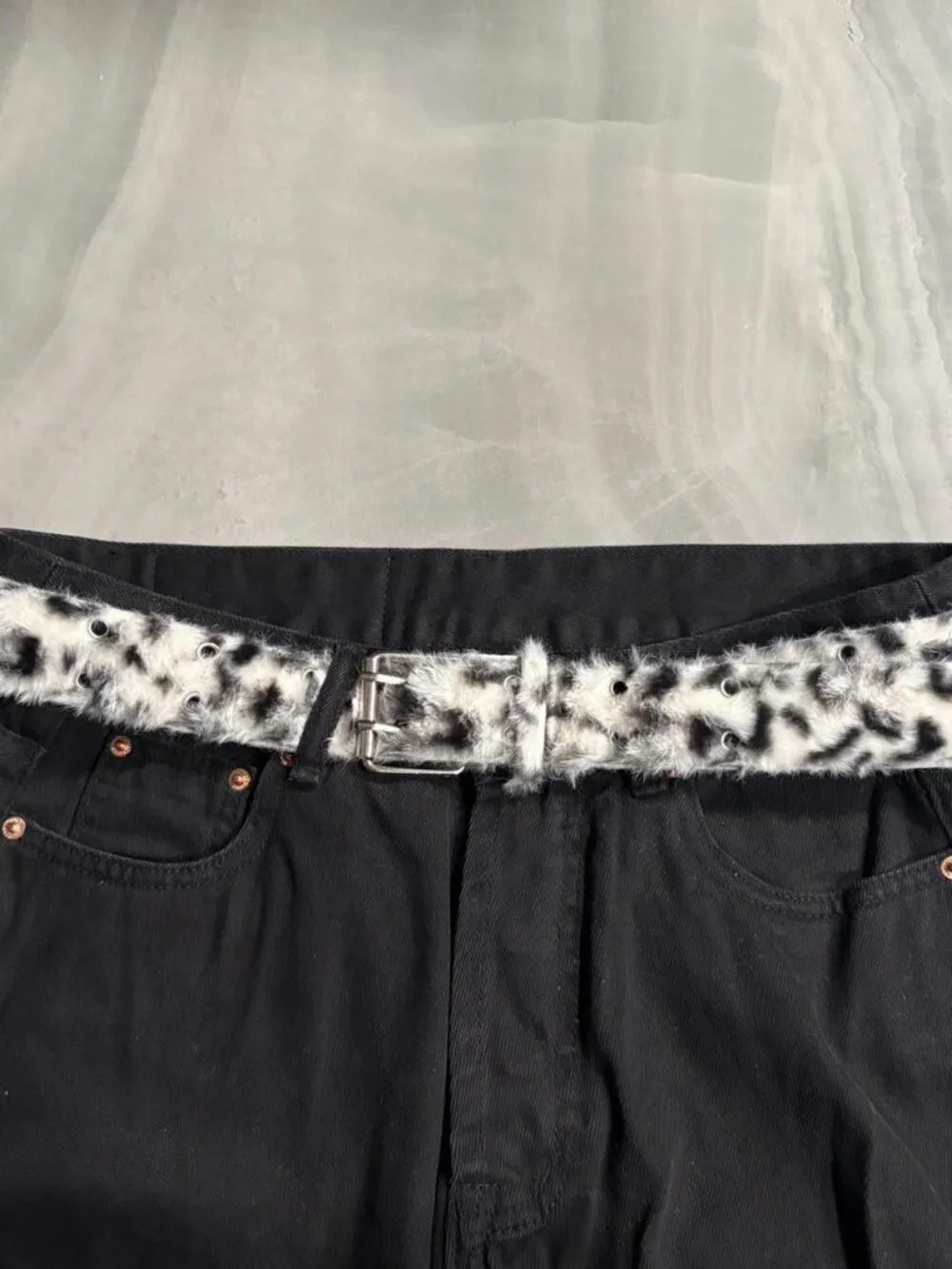 Snow Leopard Print Fur Double Roller Belt